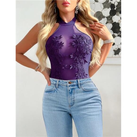 Women Teddy Lingerie Sexy Mesh Bodysuit Purple - Picture 5 of 5